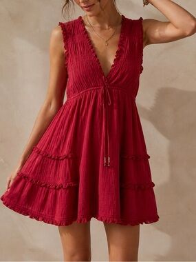 Shyanne Red Cotton Gauze Tiered Ruffle Mini Dress Boho Prairie L Western